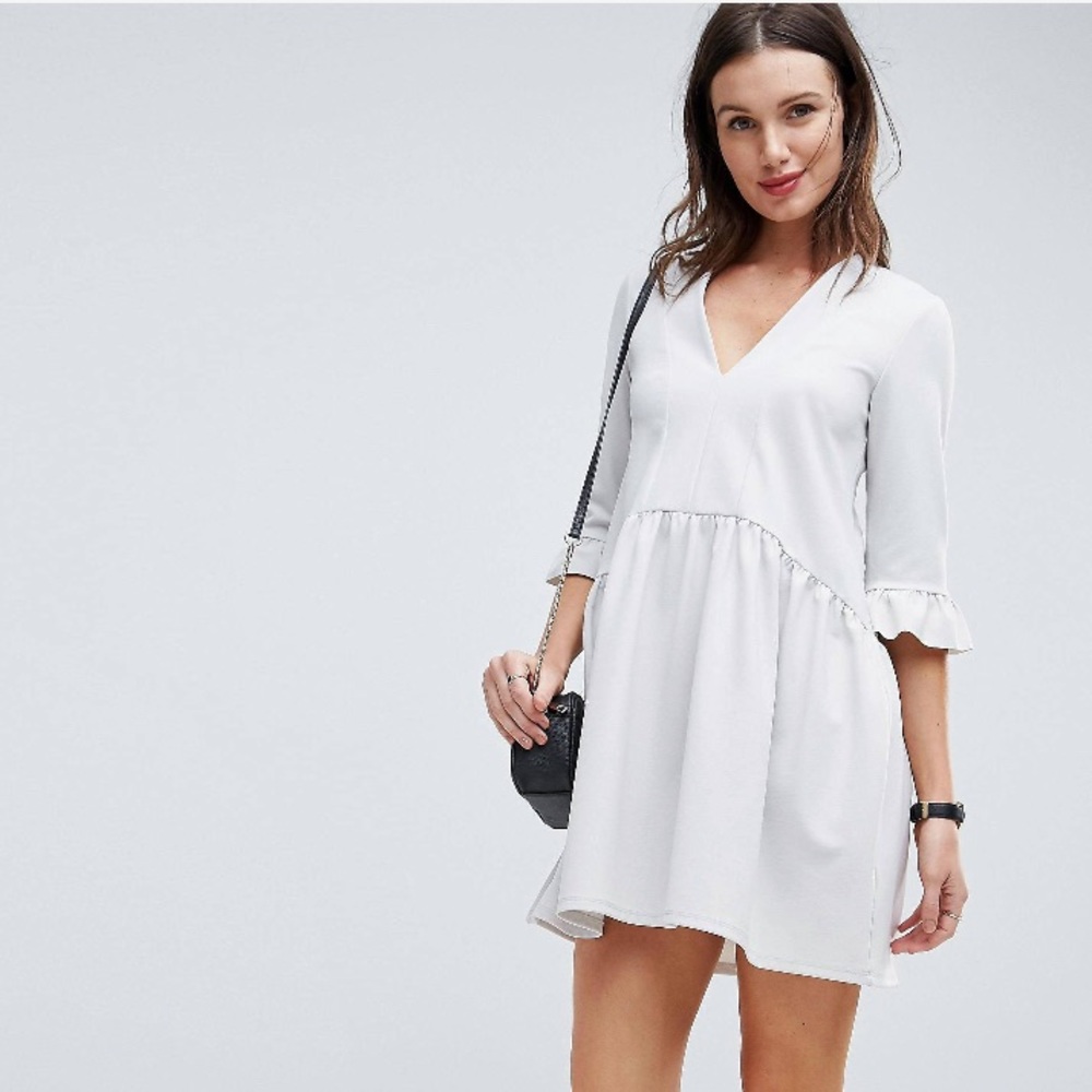 ASOS V Neck Smock Dress with Frill Cuff